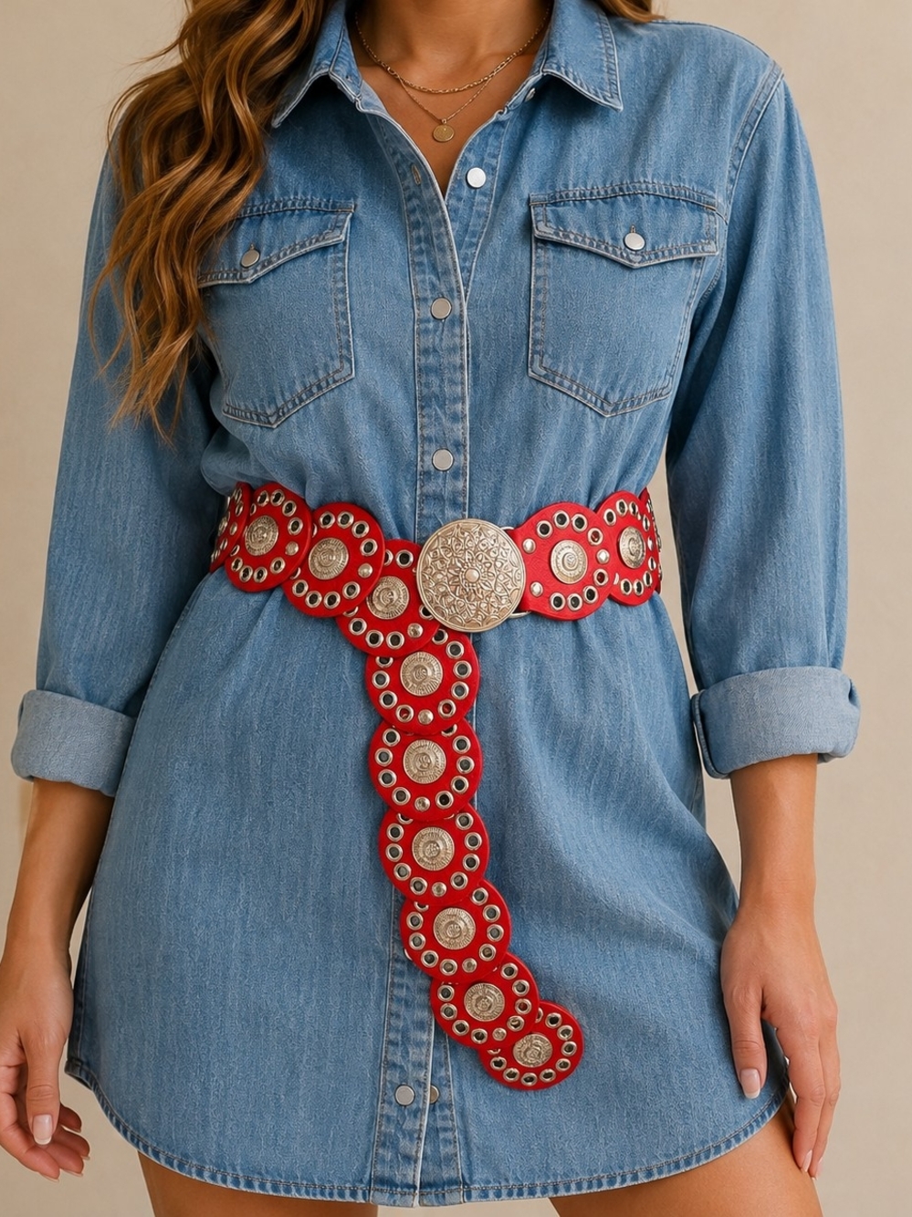 Red Silver Tone Concho Statement Belt One Size Boho Western